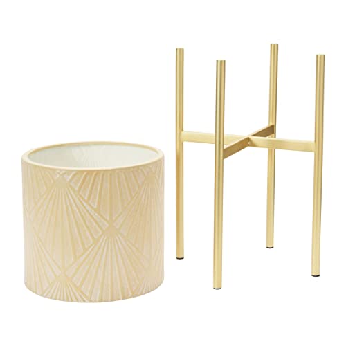 Main + Mesa Modern Boho Embossed Metal Planters with Stands, Cream and Gold, Set of 2 Sizes - color: Blush/Gold