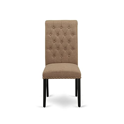 East West Furniture DLBR3-BLK-17 3 Piece Dining Room Furniture Set Contains a Round Dining Table with Dropleaf and 2 Light Sable Linen Fabric Upholstered Chairs, 42x42 Inch, Black - color: Dlbr3-blk-17