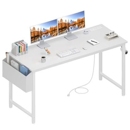 Lufeiya White Computer Desk with Power Outlet, 55 inch Teen Study Table Home Office Work Writing Gaming Desks with Charging Station Outlets Built in, White - color: White, size: 55.1"