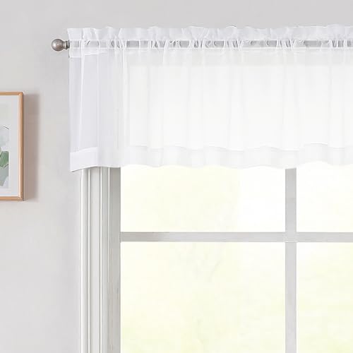 White Valances for Windows, White Sheer Curtains 14 Inch Length 2 Pack Kitchen Drapes, Modern Solid Mini Small Window Curtains for Cafe Bathroom Basement, Each 42" Wx14 L Inches - color: White, size: 42"W x 14"L (Pack of 2)
