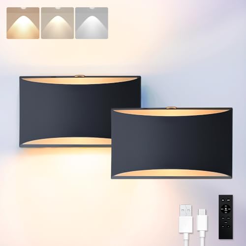 2Packs 10000mAh Battery Operated Wall Sconce,Remote Control, 2700K-6000K,Cast Aluminum,Rechargeable,50W Equivalent Lamp,No Flicker,600Lumens,Dimmable,Black,Set of Two for Non-Hardwired - size: 8-inch