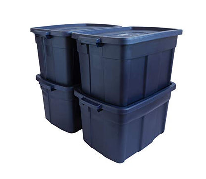 Rubbermaid Roughneck Tote 25 Gal, 4 Pack, Made in USA, Dark Indigo Metallic, Rugged Plastic Stackable Storage Bins with Lids and Handles - size: 25 Gal - 4 Pack