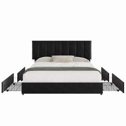 VECELO King Size Bed Frame with 4 Storage Drawers, Adjustable Height Headboard, Heavy-Duty Bedframe with Strong Wooden Slats, No Box Spring Needed, Black - color: Black, size: King, style: Bed Frame With Drawers