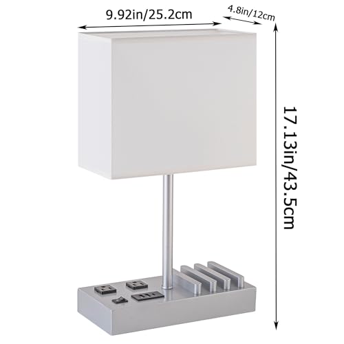Dreamholder Bedside Table Lamp with 3 USB Charging Ports, 2 AC Outlets and 3 Phone Stands, Modern USB Desk Lamp with Silver Wooden Base