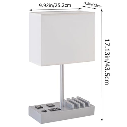 Dreamholder Bedside Table Lamp with 3 USB Charging Ports, 2 AC Outlets and 3 Phone Stands, Modern USB Desk Lamp with Silver Wooden Base