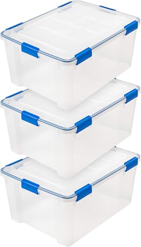IRIS USA 3-Pack 60 Qt Storage Bins with Gasket Lids, Clear/Blue | WeatherPro seal helps protect bulky items for moving, garage, attic and basement storage - size: 60 Qt. - 3 Pack