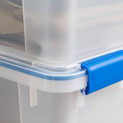 IRIS USA 3-Pack 60 Qt Storage Bins with Gasket Lids, Clear/Blue | WeatherPro seal helps protect bulky items for moving, garage, attic and basement storage - size: 60 Qt. - 3 Pack
