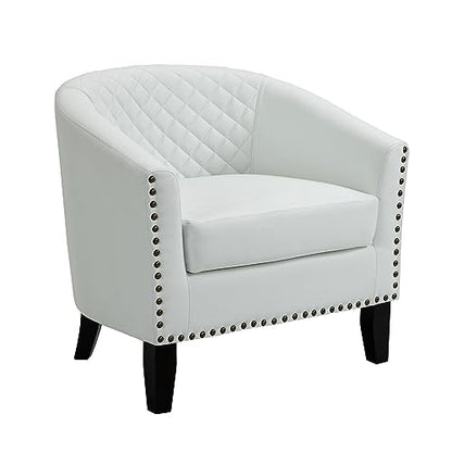 Faux Leather Accent Chair, Modern Barrel Club Chair, White | Comfy Upholstered Armchair for Living Room, Round Club Chair Single Sofa Bedroom Reading Seat | 26"D*29"W*29"H - color: White