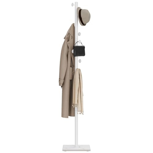 Coat Rack Freestanding, Clothing Rail with 8 Hooks, White | Small Standing Coat Hanger Stand with Heavy Rock Slab Base, Modern Metal Coat Tree with 8 Hooks for Bedroom, Office, Hallway - color: White