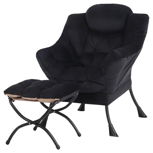 Lazy Chair with Ottoman, Comfy Reading Accent Chair, Velvet Black | Foldable Footrest, Padded Seat and Backrest, Side Pocket for Lounging in Living Rooms, Bedrooms, Dorms and Small Spaces - color: Black
