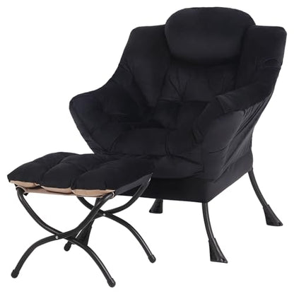 Lazy Chair with Ottoman, Comfy Reading Accent Chair, Velvet Black | Foldable Footrest, Padded Seat and Backrest, Side Pocket for Lounging in Living Rooms, Bedrooms, Dorms and Small Spaces - color: Black