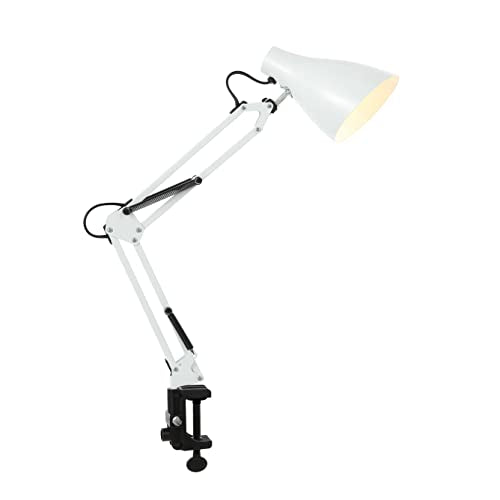 JONATHAN Y Odile 28.5" Metal Adjustable Clamp-On Task Lamp, White | Industrial Articulated Swing Arm Architect Design, Vintage Shade, In-Line Switch, Studio Work, LED Bulb Included - color: White