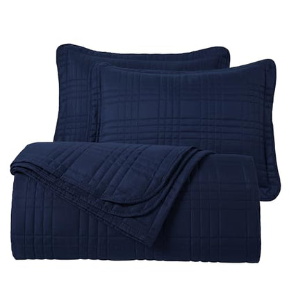 Chezmoi Collection Kingston Queen Size Bedspread Set, 3-Piece Navy Oversized Quilted Microfiber Lightweight Bedspread Coverlet (100"x106") for All Seasons - color: Navy, size: Queen