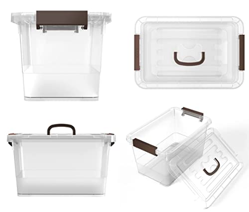 WYT 6-Pack Clear 7 Quart Storage Latch Box/Bins, Plastic Stackable Latching Box with Brown Handle and Lid, Multi-Purpose, 7 Litre - size: 7qt - 6 pack