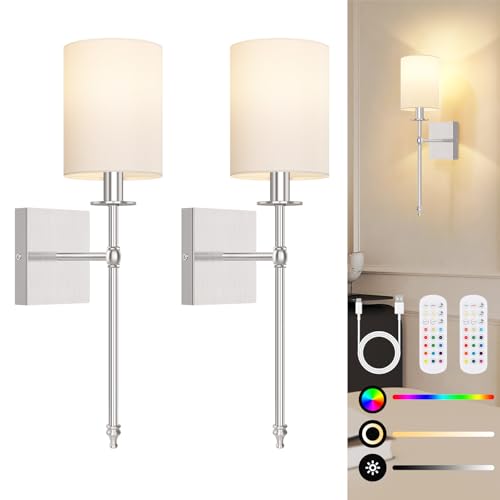 19 Inch Battery Operated Wall Sconces Set of 2 with Remote, Brushed Nickel Rechargeable Wireless Wall Lights with White Fabric Shade, Cordless Wall Lamps with Dimmable Detachable Bulbs for Bedroom - color: Brushed Nickel and White, size: 19.9 inch