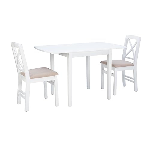Torino Three Piece Drop Leaf Dining Set in White with Beige Upholstered Seats by Linon - color: White Set