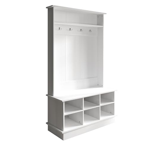 Entryway Hall Tree with Bench and 6 Storage Cubbies, White - color: White