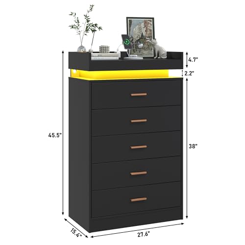 jiteentarou 5 Drawer Dresser with Charging Station and LED Lights, Modern Chest of Drawers with Power Outlet, Organizer Cabinet for Bedroom, Living Room, Entryway, Black - color: Black, size: 15.4"D x 27.6"W x 45.5"H (5 Drawers)