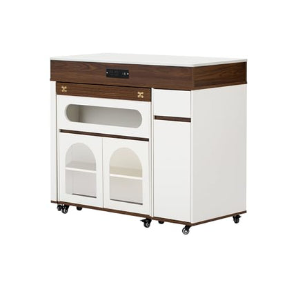 Extendable Dining Table with Extra-Long Folding Top, Rolling Kitchen Island with Storage Cabinet, Drawers & Brake Lock, Sturdy Mobile Cart for Kitchen, Dining Room & Open Spaces (Cream White+Walnut2) - color: Cream White+walnut2