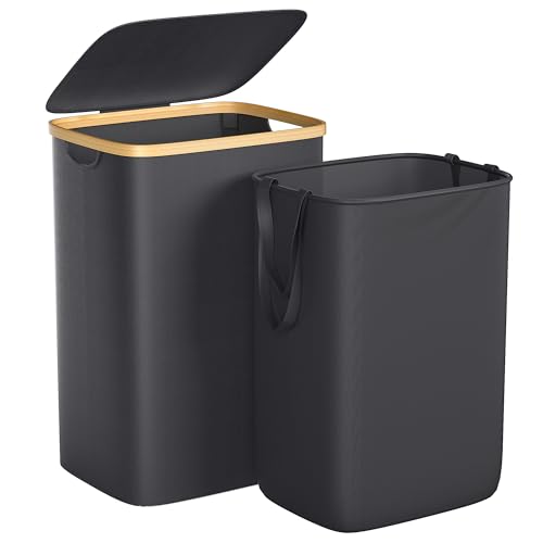 Foluck Large Laundry Hamper, 75L Waterproof Laundry Basket with Lid and Removable Bag, Collapsible Tall Clothes Hamper with Bamboo Handles for Clothes Toys in Dorm Bedroom Bathroom, Black - color: Black, size: 75L