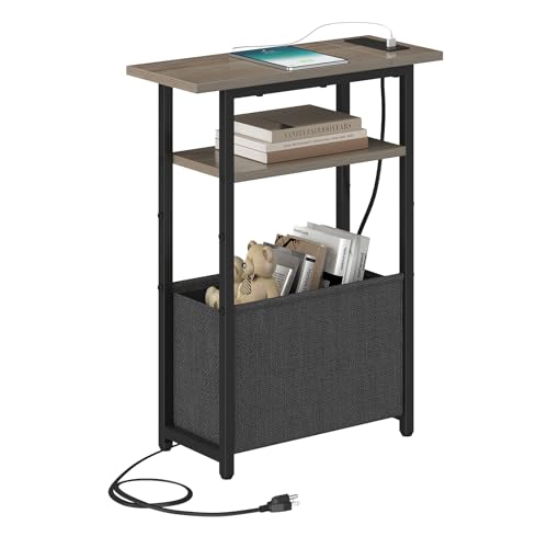 sthmec Narrow Side Table with Charging Station, Small End Table for Small Spaces, Skinny Nightstands with Storage Basket, 3 Tier Sofa Couch Bedside Tables for Living Room,Bedroom, Grey - color: Grey, size: Power Only