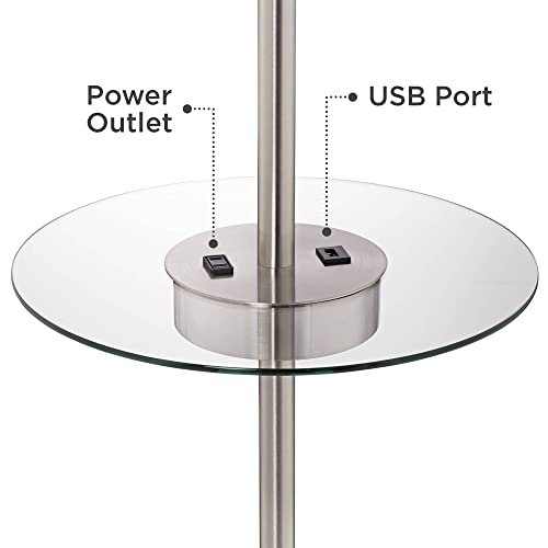 360 Lighting Caper 60 1/2" Tall Nickel Tray Table USB and Outlet Floor Lamp | Modern with AC Power on Glass 5 Satin White Fabric Drum Shade for Living Room Reading House Bedroom - color: Nickel - Single