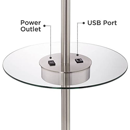 360 Lighting Caper 60 1/2" Tall Tray Table USB Floor Lamps Set of 2 | Modern 5 with and AC Power Outlet Brushed Nickel White Fabric Drum Shades Living Room Reading House Bedroom - color: Silver