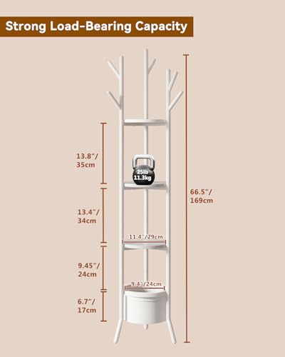 YMYNY Coat Rack, Freestanding Coat Stand with Storage Shelves, Hall Trees with 3 Wooden Shelves and 1 Fabric Basket, Metal Clothes Stand for Hats Bags Hallway Bedroom White UHGR005W - color: White
