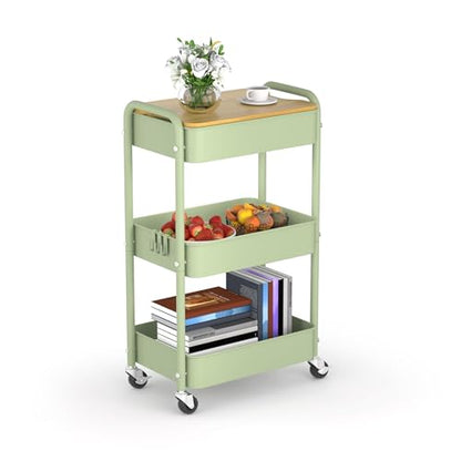3 Tier Metal Utility Cart, Rolling Storage Cart with Wooden Tabletop, Metal Organizer Cart with Lockable Wheels for Office, Bedroom, Kitchen and Living Room (Green) - color: Green