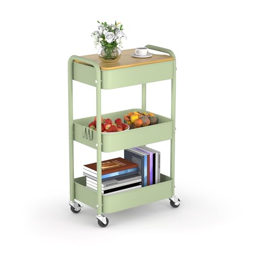 3 Tier Metal Utility Cart, Rolling Storage Cart with Wooden Tabletop, Metal Organizer Cart with Lockable Wheels for Office, Bedroom, Kitchen and Living Room (Green) - color: Green