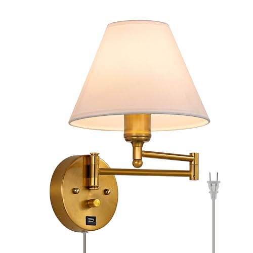 Swing Arm Wall Sconces, Plug-in Wall lamp,Bedroom Wall lamp ， White Fabric Shade，，with dimmable Switch and USB Charging Port, Suitable for Bedside, Living Room, Reading (Golden) - color: Golden