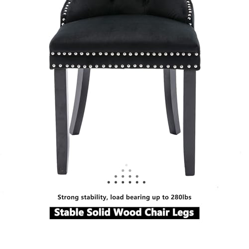 Virabit Velvet Dining Chairs, Tufted Upholstered Dining Chairs with Nailhead Back and Ring Pull Trim, Solid Wood Dining Chairs for Kitchen/Bedroom/Dining Room (Black, Set of 2) - color: Black, size: set of 2