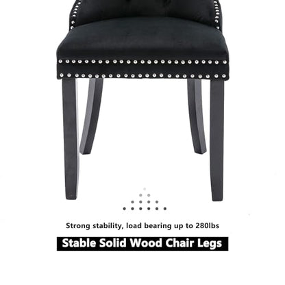 Virabit Velvet Dining Chairs, Tufted Upholstered Dining Chairs with Nailhead Back and Ring Pull Trim, Solid Wood Dining Chairs for Kitchen/Bedroom/Dining Room (Black, Set of 2) - color: Black, size: set of 2