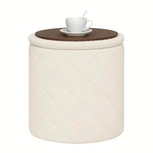 B FSOBEIIALEO Ottoman with Stroage, Boucle Round Storage Ottoman with Tray, Foot Rest Stool for Dorm Room, Living Room White, 16.93"x16.93"x17.72" - color: White, size: 16.93x16.93x17.72 inches