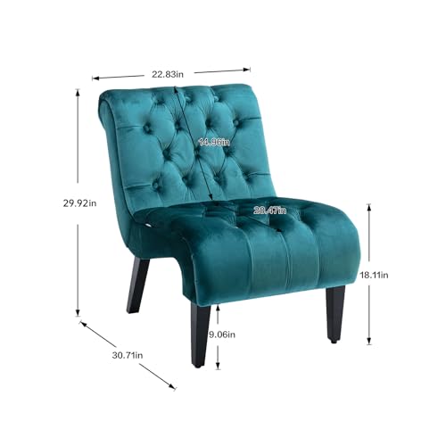 Comfy Velvet Armless Accent Chair, Teal, Upholstered with Durable Solid Wood Frame and Adjustable Cushions, Easy Assembly | Modern Small Lounger for Living Room, Upholstered Reading Chaise Lounge with Solid Rubber Wood Legs, Teal - color: Teal, size: Set