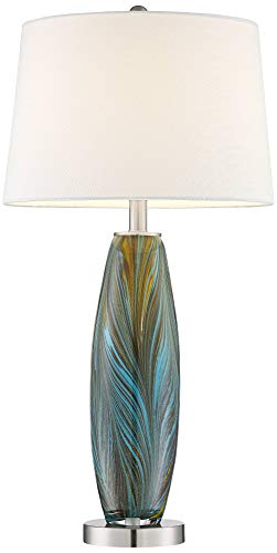 Azure 29 1/2" Tall Table Lamps Set of 2 Blue Art Glass Modern Brown | Colors May Vary. Handcrafted Living Room Bedroom House Bedside Nightstand Home Office Family White Drum Shade - color: Blue Brown