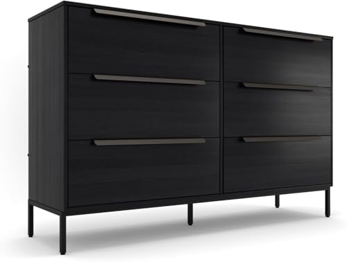 Lira Premium 6-Drawer Fabric Dresser - Engineered Wood Frame, Reinforced Sag-Resistant Drawers, Elegant Metal Handles, Luxury Home Storage Solution (Black) - color: Midnight Black, size: 11.8"D x 46.2"W x 28.8"H (6 Drawers)
