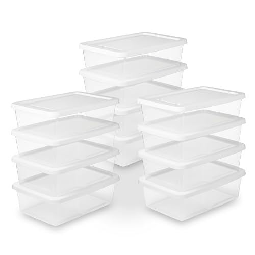 Sterilite Storage Box Stackable Tote, White, 12 Quart, 12 Pack | Clear Plastic Container with Secure Snapping Lids for Home and Office Organization - size: 12Qt, style: 12 Pack