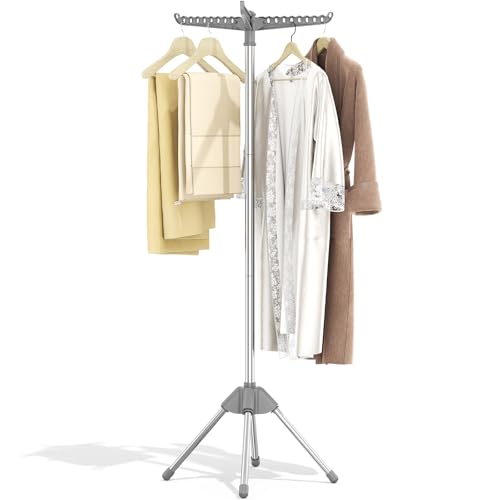 KINGBOARD Clothes Drying Rack, 59" H Laundry Drying Rack, 3 Rotatable Arms | 360° Rotatable Arms, 27 Hanger Holes, Stainless Steel, Tool-Free Setup, Portable for Travel & Small Home, Indoor, 27lbs Hold - size: 1 Tier