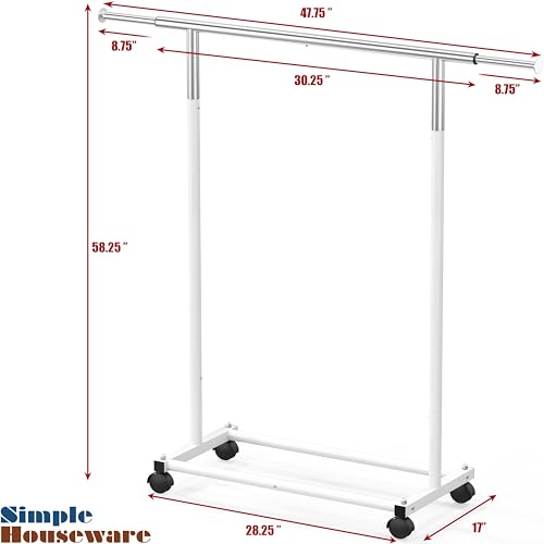 Simple Houseware Standard Rod Garment Clothing Rack, White | Single Rail, Extendable Width from 30 to 47 Inches, Rolling Clothing Organizer for Bedroom, Laundry, Living Room - color: White