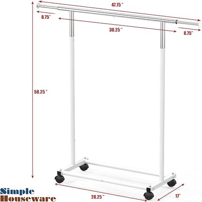 Simple Houseware Standard Rod Garment Clothing Rack, White | Single Rail, Extendable Width from 30 to 47 Inches, Rolling Clothing Organizer for Bedroom, Laundry, Living Room - color: White