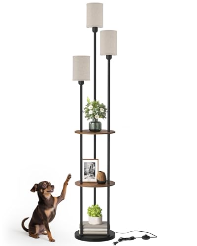 70.9" Floor Lamp with Shelves, Modern Floor Lamp with 3 Linen Shades and Foot Switch, 3-Light Standing Lamp, for Living Room, Bedroom, Study, Office, Rustic Brown and Beige EF53LD05 - color: Rustic Brown + Beige