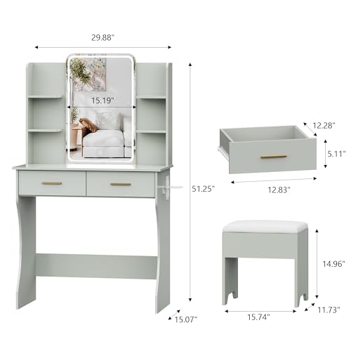 Small Vanity Desk with Mirror and Lights, Makeup Vanity with LED Lights, Green Vanity Mirror with Lighted Desk and Chair, 3 Lighting Adjustable Compact Dressing Table with Mirror for Women, Girls - color: Green, size: 29.88x15.09x51.30 in