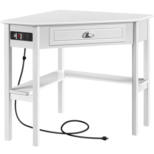 Yaheetech Small White Corner Desk with Built-in Outlet, Drawer, and Shelf | A Sturdy Corner Desk with a Power Outlet, USB Port, a Drawer, and a Shelf Fits Neatly into Small Rooms and Assembles Easily. - color: White