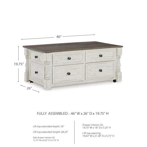 Signature Design by Ashley Havalance Lift-Top Coffee Table with Storage | Pine wood, Pine veneer and engineered wood, Two-tone distressed finish, 4 storage drawers, Casters, White and gray