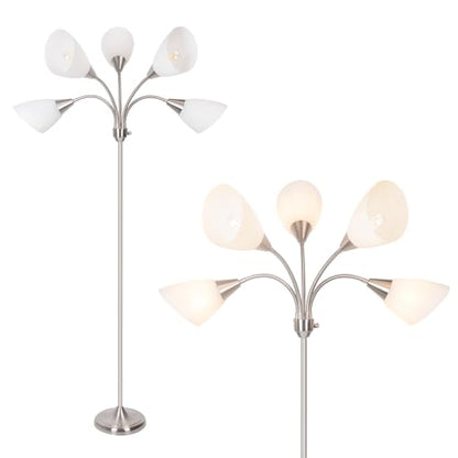 Floor Lamp, 5 Adjustable Neck Heads with Lampshades, Multi-Light Standing Reading Lamp for Living Room, Bedroom, Office - color: Satin Nickel