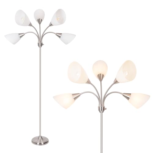 Floor Lamp, 5 Adjustable Neck Heads with Lampshades, Multi-Light Standing Reading Lamp for Living Room, Bedroom, Office - color: Satin Nickel