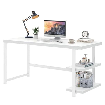 EXCEFUR White Computer Desk, Modern Home Office Desk with Storage Shelf, Wood and Metal Writing Study Table for Living Room Bedroom, 53 Inch - color: White