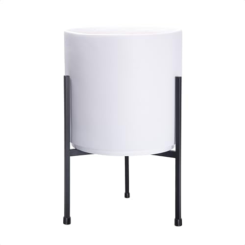 D'vine Dev Cylinder Planter Pot with Metal Stand, White, 8 in, 96-T-A-1 | Durable Fiberclay Construction, Sleek Modern Design, Heavy-Duty Iron Stand, Drainage Hole & Saucer, Elegant Indoor Display - color: White, size: Small 8 Inch