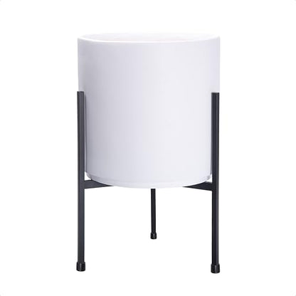 D'vine Dev Cylinder Planter Pot with Metal Stand, White, 10 in, 96-T-A-2 | Durable Fiberclay Construction, Sleek Modern Design, Heavy-Duty Iron Stand, Drainage Hole & Saucer, Elegant Indoor Display - color: White, size: Medium 10 Inch
